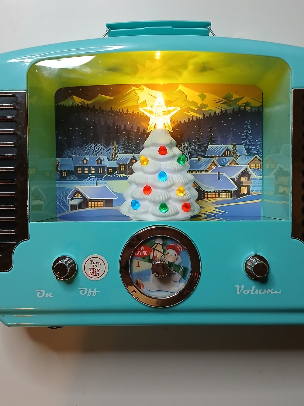 Retro Teal Christmas Light-Up Music Box with White Tree